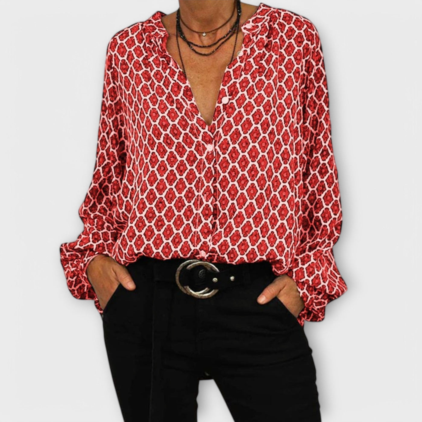 Stylish Blouse with V-Neck and Long Sleeves